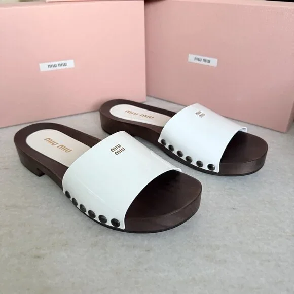 MIU MIU 5Z425E White Patent Leather Wooden Clogs Sandals, sz 38 - Picture 10 of 16